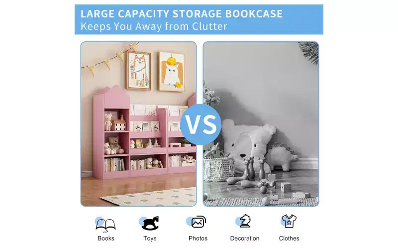 Zevemomo Bibliothèque et Rangement de Jouets pour Enfants à 4 Niveaux, Étagère à Livres en Bois pour Enfants, Rangement de Jouets avec Étagère à Livres pour Salle de Jeux, Salle de Classe, Chambre, Bibliothèque, Rose