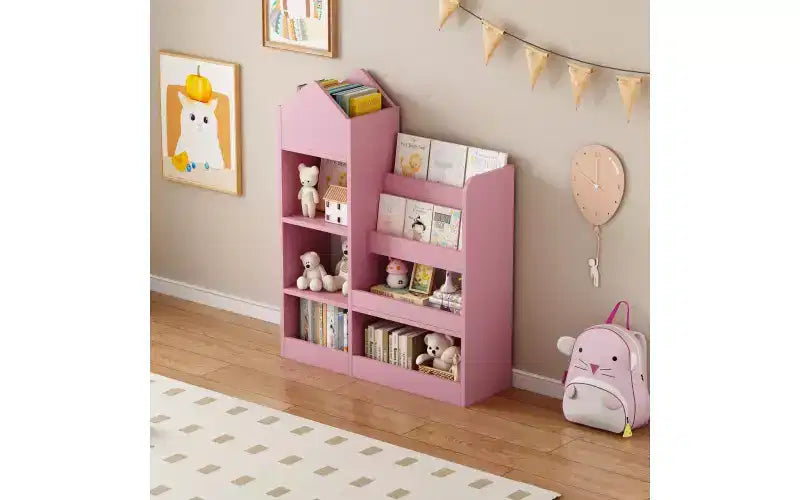 Zevemomo Bibliothèque et Rangement de Jouets pour Enfants à 4 Niveaux, Étagère à Livres en Bois pour Enfants, Rangement de Jouets avec Étagère à Livres pour Salle de Jeux, Salle de Classe, Chambre, Bibliothèque, Rose