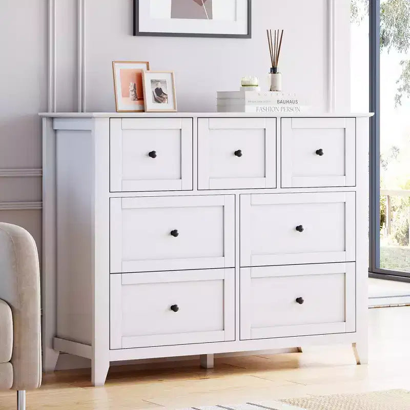 Commode en bois CuisinSmart pour chambre à coucher, commode à 7 tiroirs avec poignée en métal, organisateur de rangement de placard pour salon, couloir, chambre à coucher