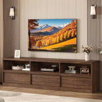 Meuble TV de 70 pouces pour téléviseurs de 80 pouces, meuble de divertissement moderne du milieu du siècle avec tiroir de rangement et étagères ouvertes, meuble de console multimédia en bois pour salon