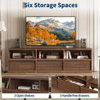 Meuble TV de 70 pouces pour téléviseurs de 80 pouces, meuble de divertissement moderne du milieu du siècle avec tiroir de rangement et étagères ouvertes, meuble de console multimédia en bois pour salon