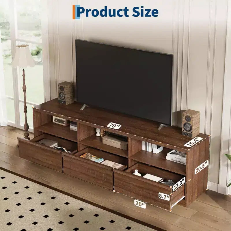 Meuble TV de 70 pouces pour téléviseurs de 80 pouces, meuble de divertissement moderne du milieu du siècle avec tiroir de rangement et étagères ouvertes, meuble de console multimédia en bois pour salon