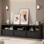Meuble TV de 70 pouces pour téléviseurs de 80 pouces, meuble de divertissement moderne du milieu du siècle avec tiroir de rangement et étagères ouvertes, meuble de console multimédia en bois pour salon