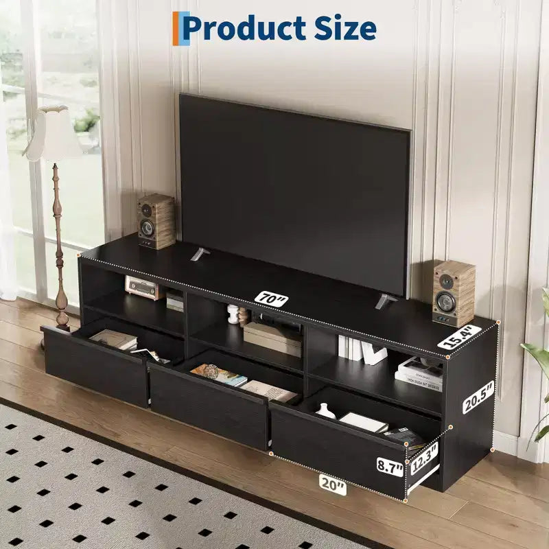 Meuble TV de 70 pouces pour téléviseurs de 80 pouces, meuble de divertissement moderne du milieu du siècle avec tiroir de rangement et étagères ouvertes, meuble de console multimédia en bois pour salon