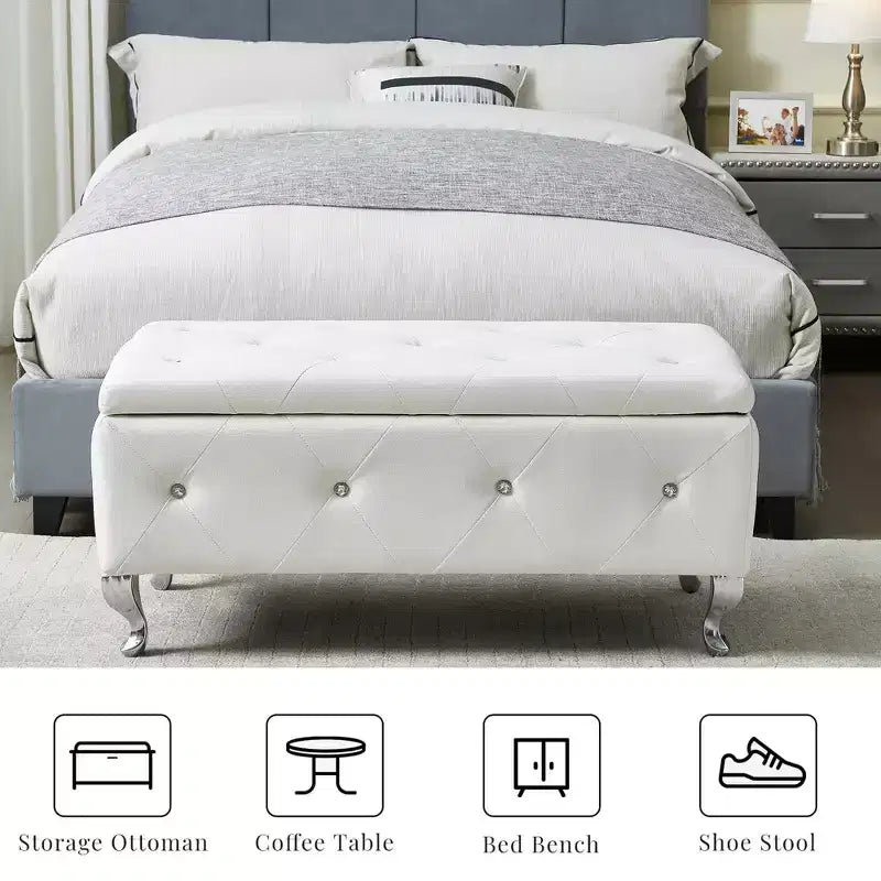 Banc de rangement ottoman EHMKNP en similicuir blanc avec boutons en cristal, repose-pieds rectangulaire pour chambre, salon, entrée