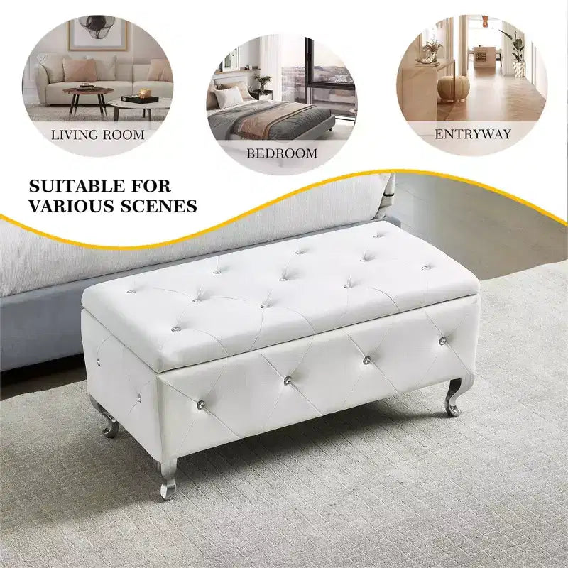 Banc de rangement ottoman EHMKNP en similicuir blanc avec boutons en cristal, repose-pieds rectangulaire pour chambre, salon, entrée
