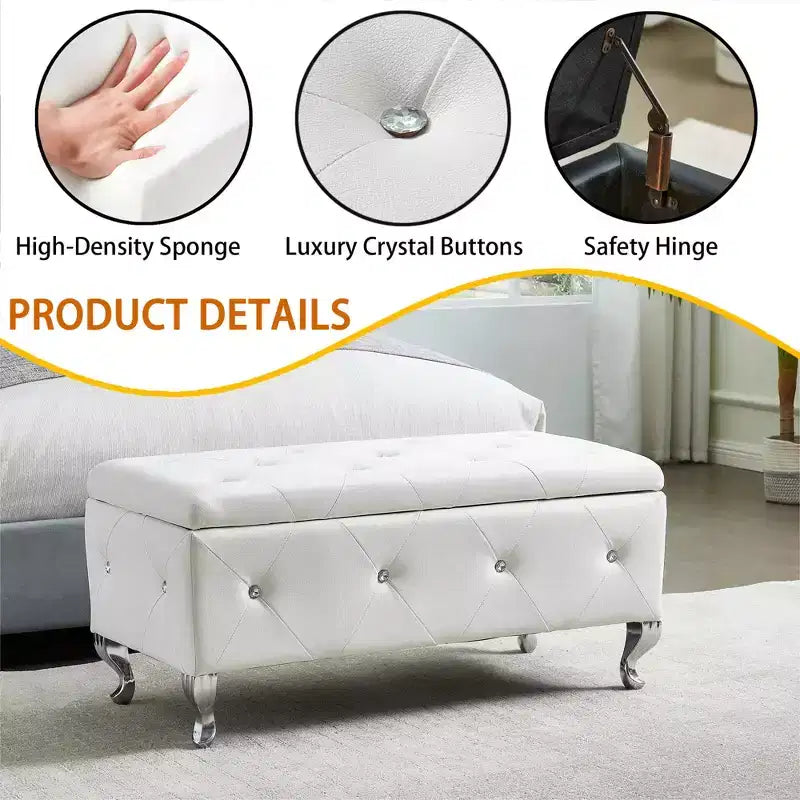 Banc de rangement ottoman EHMKNP en similicuir blanc avec boutons en cristal, repose-pieds rectangulaire pour chambre, salon, entrée