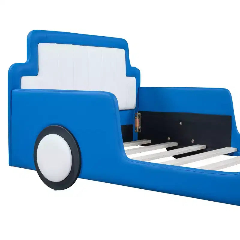 Lit plateforme Bellemave simple en forme de voiture de course avec roulettes, avec tête et pied de lit, pour garçons, bleu