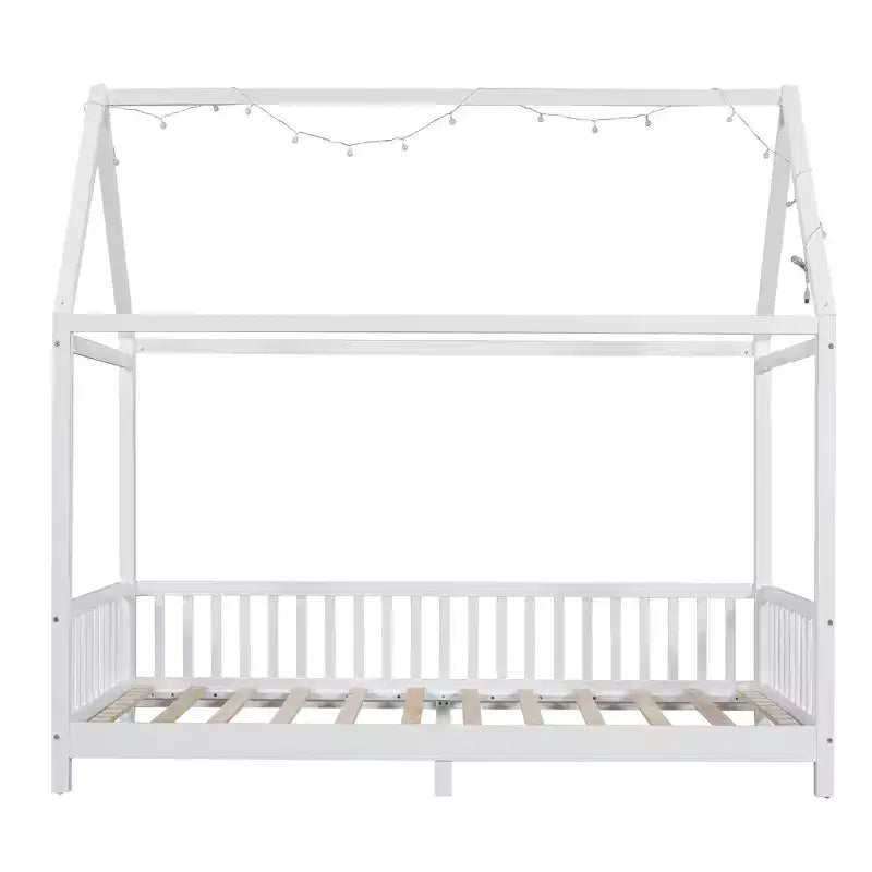 Bellemave Lit cabane jumeau à LED, lit au sol Montessori, cadre de lit en bois avec lattes et clôture, pour filles, garçons, blanc