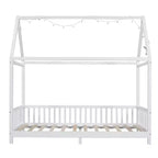 Bellemave Lit cabane jumeau à LED, lit au sol Montessori, cadre de lit en bois avec lattes et clôture, pour filles, garçons, blanc