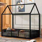 Bellemave Twin Floor Bed with Door and Fence, Bed Twin Size with Roof/House Floor Bed for Kids, Girls, Boys, Black