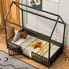Lit jumeau Bellemave avec porte et clôture, lit double avec toit/lit de sol pour enfants, filles, garçons, noir