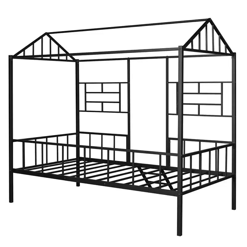 Cadre de lit maison en métal double Bellemave, cadre de lit mezzanine bas avec échelle, pour filles, garçons, noir