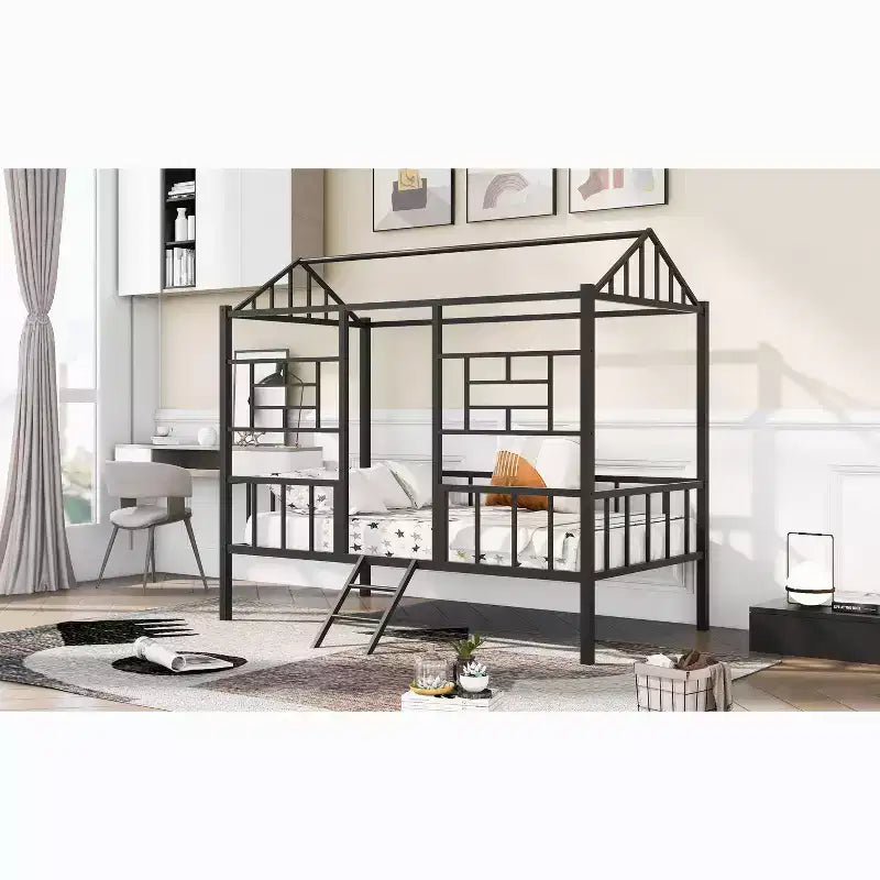 Cadre de lit maison en métal double Bellemave, cadre de lit mezzanine bas avec échelle, pour filles, garçons, noir