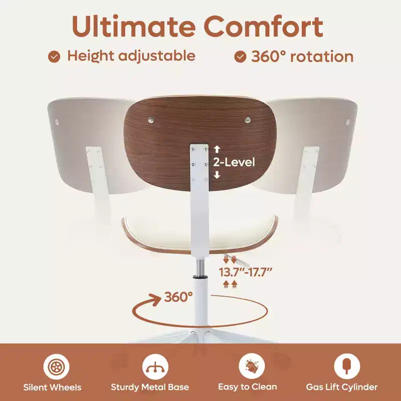 Chaise de Bureau Ergonomique sans Accoudoirs Bestier Bentwood, Chaise de Table Confortable avec Support Lombaire, Chaise de Bureau à Roulettes Réglable en Hauteur en Cuir PU