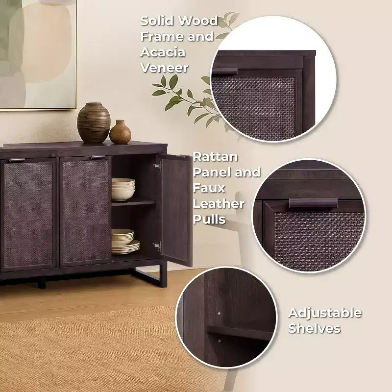 Buffet 4 portes Hatteras Modern Boho avec accents en bois massif et rotin naturel - Teamson Home