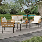 Ensemble de 4 meubles de patio en rotin – Meubles de terrasse en rotin creux, ensemble de mobilier d'extérieur en osier avec table basse en verre pour patio, arrière-cour
