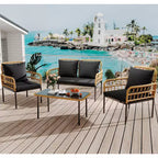 Ensemble de 4 meubles de patio en rotin – Meubles de terrasse en rotin creux, ensemble de mobilier d'extérieur en osier avec table basse en verre pour patio, arrière-cour