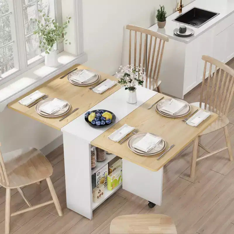 Table de salle à manger pliante pour cuisine, table de salle à manger peu encombrante avec étagère de rangement, table de cuisine à abattants extensible pour petit espace