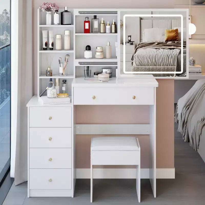 Ensemble de coiffeuse 40 grande taille, table de chevet gauche, coiffeuse avec tabouret rembourré