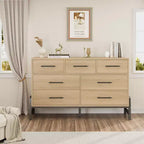 CuisinSmart Commode 7 tiroirs de 52 pouces de large pour chambre à coucher - Commode de rangement en chêne naturel, Organisateur de placard autoportant pour salon, entrée