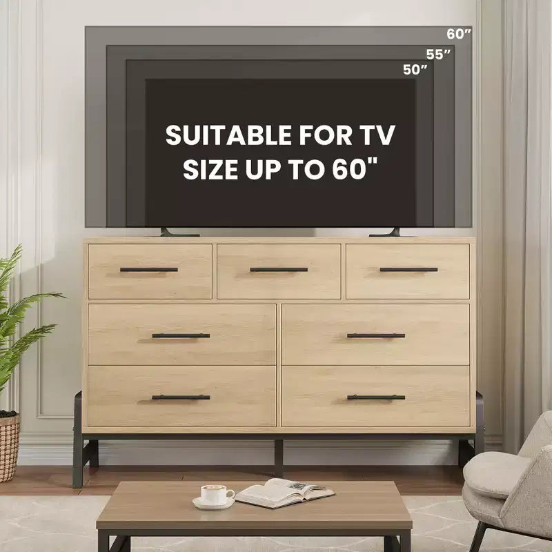 CuisinSmart Commode 7 tiroirs de 52 pouces de large pour chambre à coucher - Commode de rangement en chêne naturel, Organisateur de placard autoportant pour salon, entrée