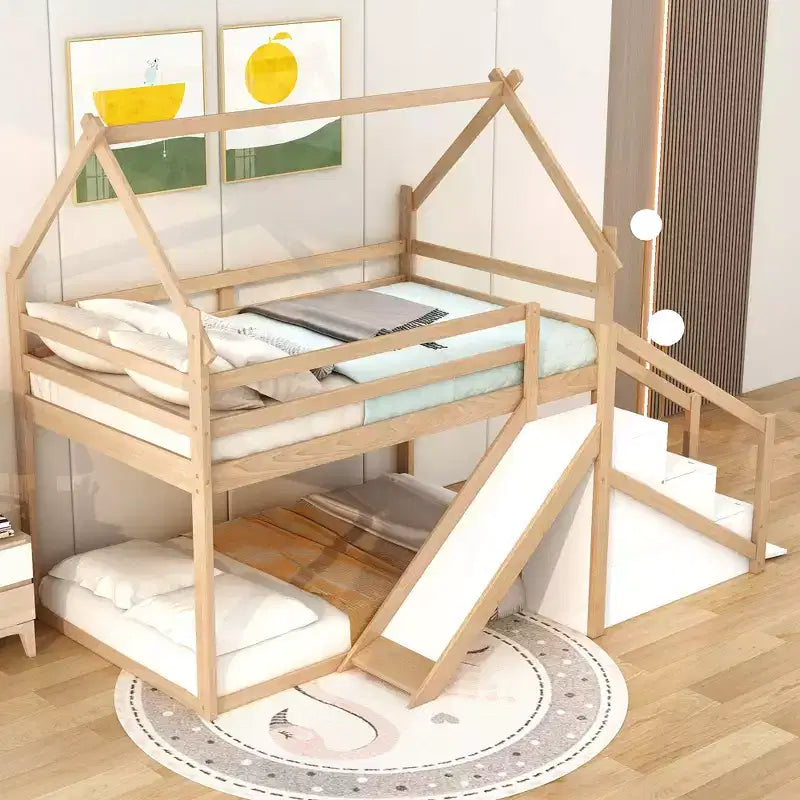 Lit superposé ou mezzanine Bellemave avec toboggan et escalier, finition naturelle