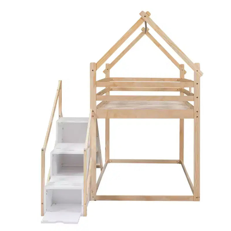 Lit superposé ou mezzanine Bellemave avec toboggan et escalier, finition naturelle