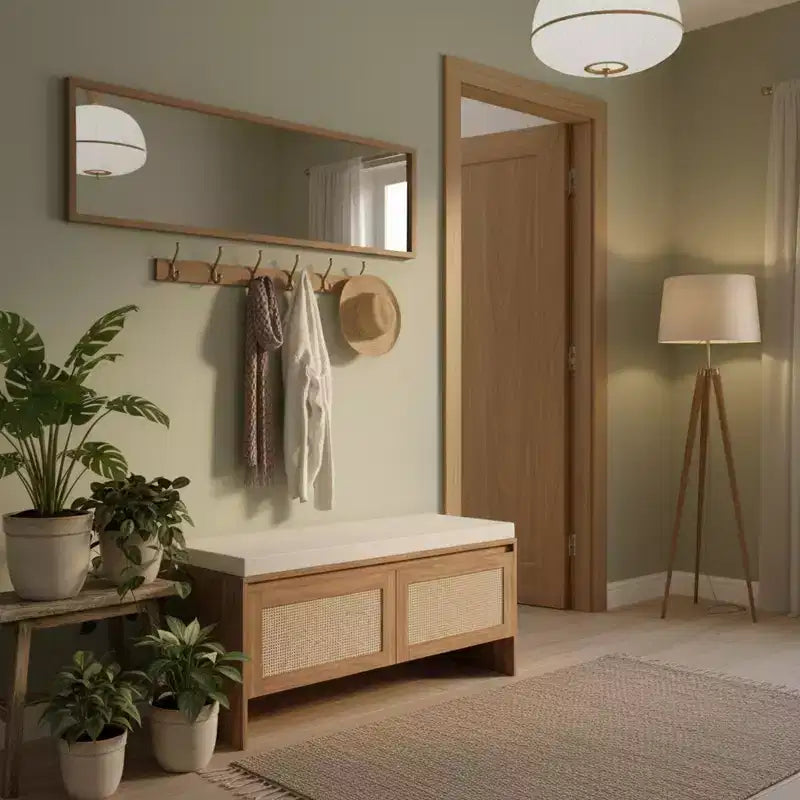 Banc de rangement Homy Casa en rotin tressé avec coussin d'assise et portes à charnières, Chêne naturel
