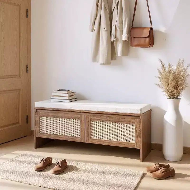 Banc de rangement Homy Casa en rotin tressé avec coussin d'assise et portes à charnières, Chêne naturel