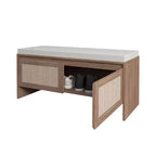 Banc de rangement Homy Casa en rotin tressé avec coussin d'assise et portes à charnières, Chêne naturel