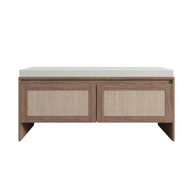 Banc de rangement Homy Casa en rotin tressé avec coussin d'assise et portes à charnières, Chêne naturel