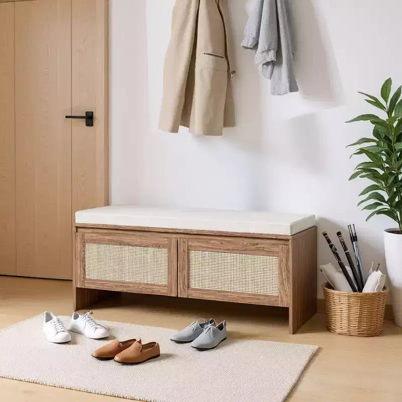 Banc de rangement Homy Casa en rotin tressé avec coussin d'assise et portes à charnières, Chêne naturel