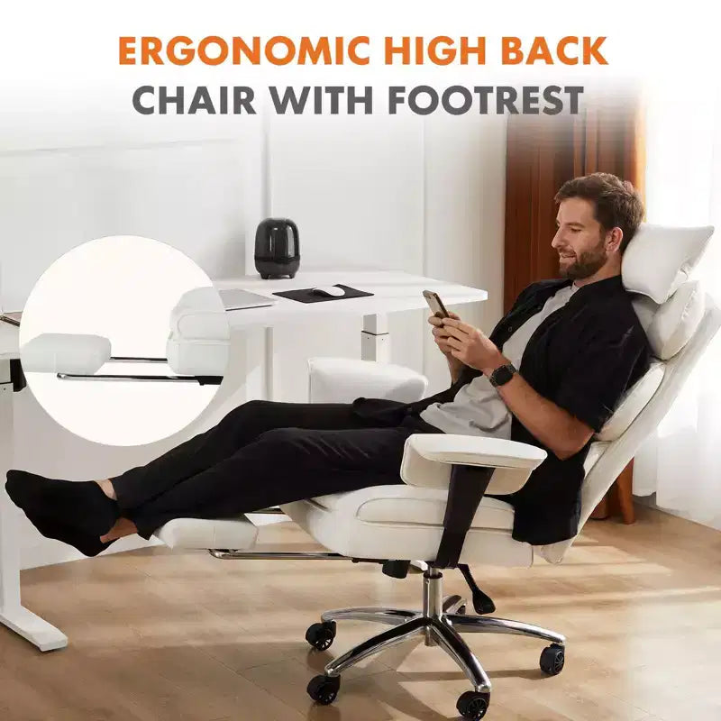 Chaise de bureau MAYEERTY ergonomique dossier haut avec repose-pieds soutien lombaire en cuir PU blanc