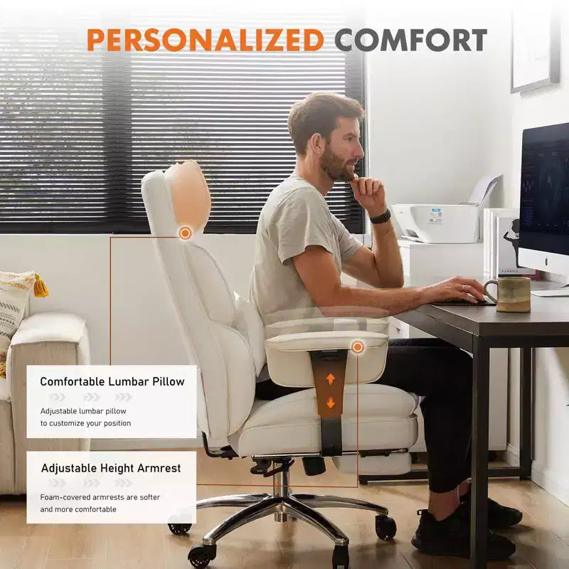 Chaise de bureau MAYEERTY ergonomique dossier haut avec repose-pieds soutien lombaire en cuir PU blanc