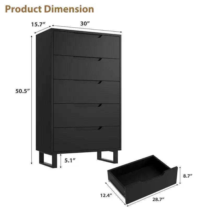 Commode de chambre à 5 tiroirs, commode haute de 128 cm, tiroirs verticaux autoportants avec rangement, armoire en bois pour salon, couloir, entrée