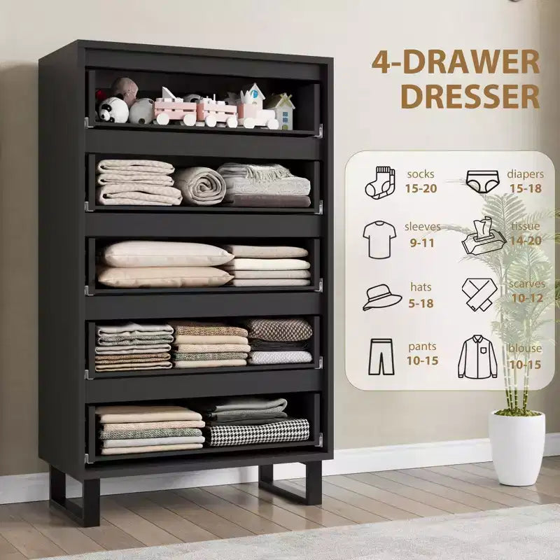 Commode de chambre à 5 tiroirs, commode haute de 128 cm, tiroirs verticaux autoportants avec rangement, armoire en bois pour salon, couloir, entrée