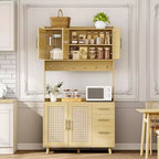 Meuble de cuisine autoportant en rotin de 71", avec support pour micro-ondes, buffet avec tiroirs, portes et crochets pour cuisine et salle à manger