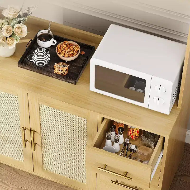 Meuble de cuisine autoportant en rotin de 71", avec support pour micro-ondes, buffet avec tiroirs, portes et crochets pour cuisine et salle à manger