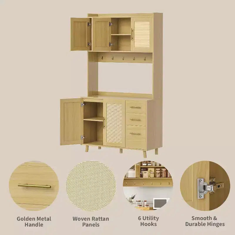 Meuble de cuisine autoportant en rotin de 71", avec support pour micro-ondes, buffet avec tiroirs, portes et crochets pour cuisine et salle à manger