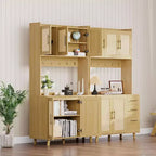 Meuble de cuisine autoportant en rotin de 71", avec support pour micro-ondes, buffet avec tiroirs, portes et crochets pour cuisine et salle à manger