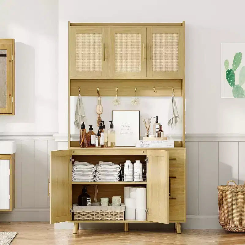 Meuble de cuisine autoportant en rotin de 71", avec support pour micro-ondes, buffet avec tiroirs, portes et crochets pour cuisine et salle à manger