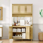 Meuble de cuisine autoportant en rotin de 71", avec support pour micro-ondes, buffet avec tiroirs, portes et crochets pour cuisine et salle à manger