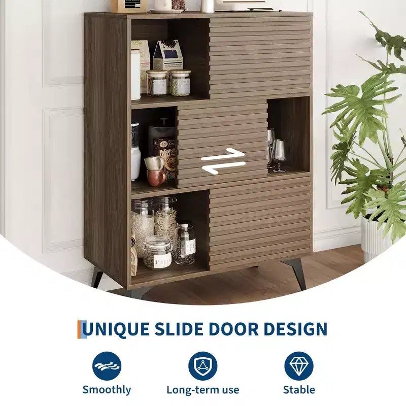 Buffet mi-siècle moderne avec portes, meuble de rangement en bois à 3 niveaux pour salon et salle à manger