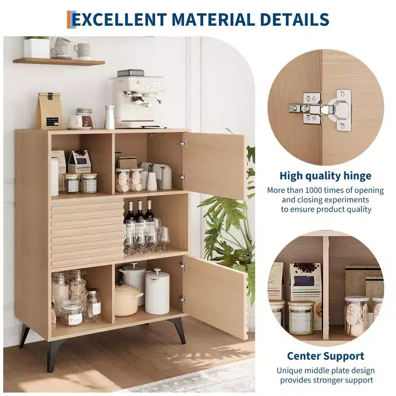 Buffet mi-siècle moderne avec portes, meuble de rangement en bois à 3 niveaux pour salon et salle à manger