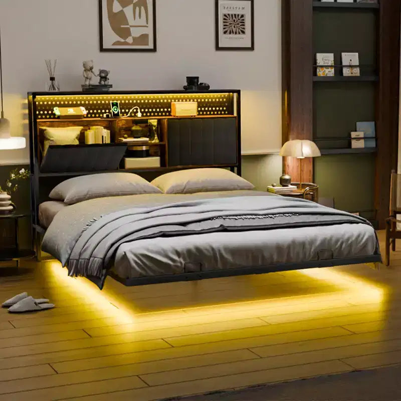 Cadre de lit flottant VINGLI avec lumières LED, station de charge, rangement caché et tête de lit en velours. Aucun sommier tapissier requis, montage facile