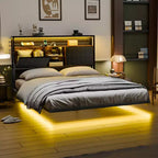 Cadre de lit flottant VINGLI avec lumières LED, station de charge, rangement caché et tête de lit en velours. Aucun sommier tapissier requis, montage facile
