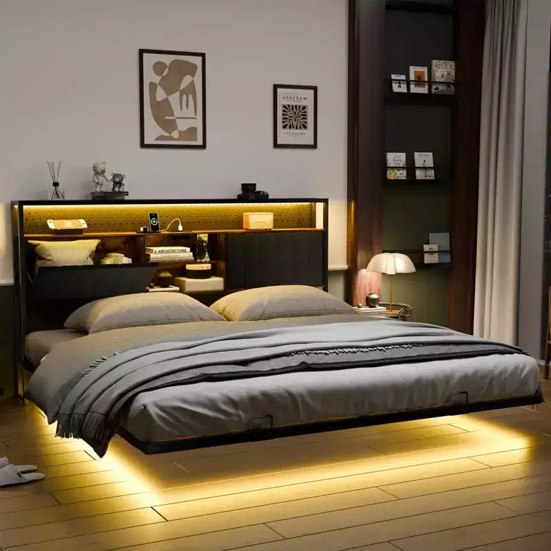 Cadre de lit flottant VINGLI avec lumières LED, station de charge, rangement caché et tête de lit en velours. Aucun sommier tapissier requis, montage facile