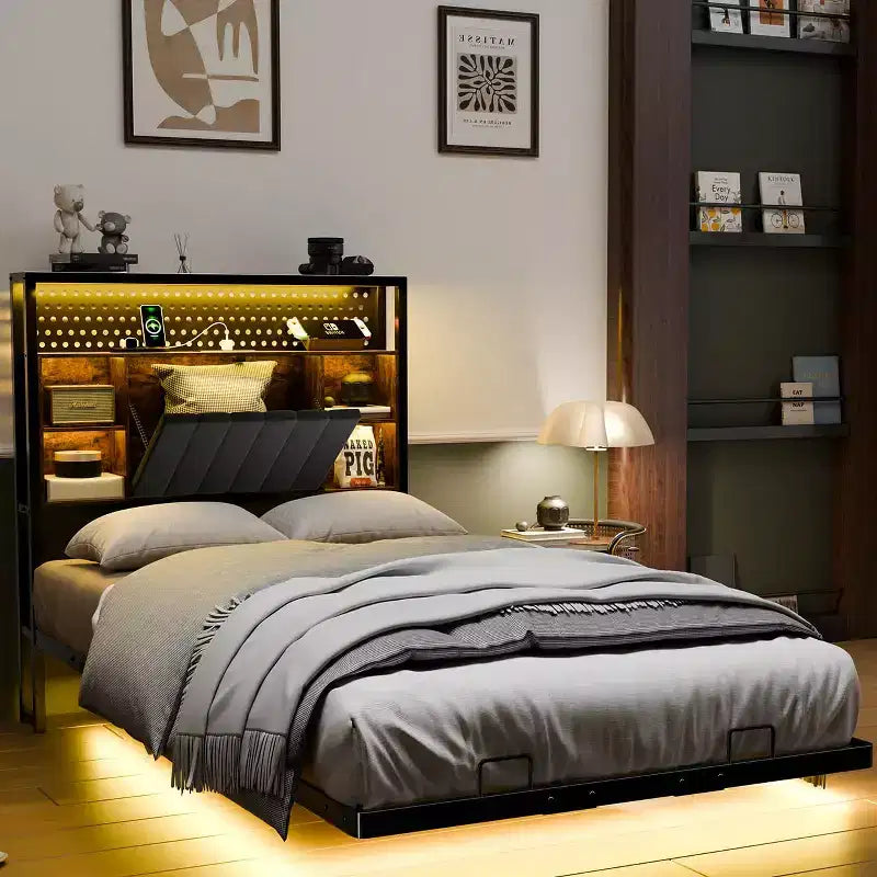 Cadre de lit flottant VINGLI avec lumières LED, station de charge, rangement caché et tête de lit en velours. Aucun sommier tapissier requis, montage facile