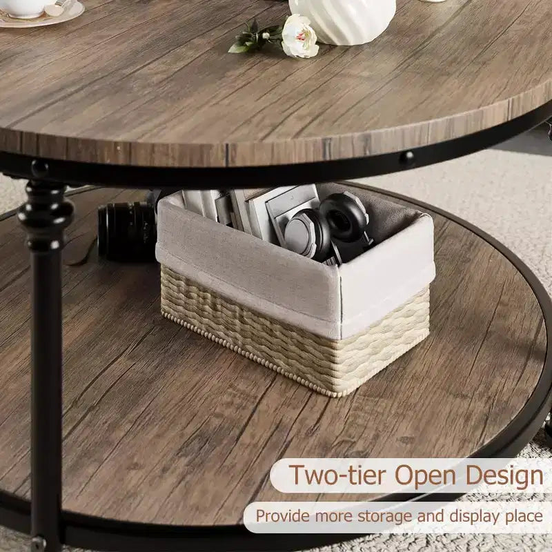 Table Basse Ronde, 87,6 cm/77,5 cm avec Étagère de Rangement à 2 Niveaux - Marron Grain de Bois Rustique, Cadre en Métal (Salon/Réception)